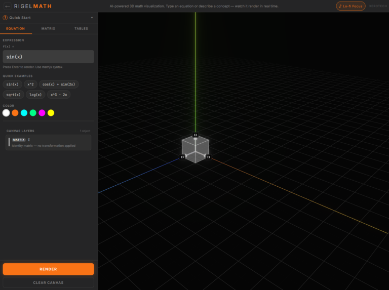 Rigel Math Visualizer interface showing a 3D cube transformation with orange bloom lighting on a dark canvas