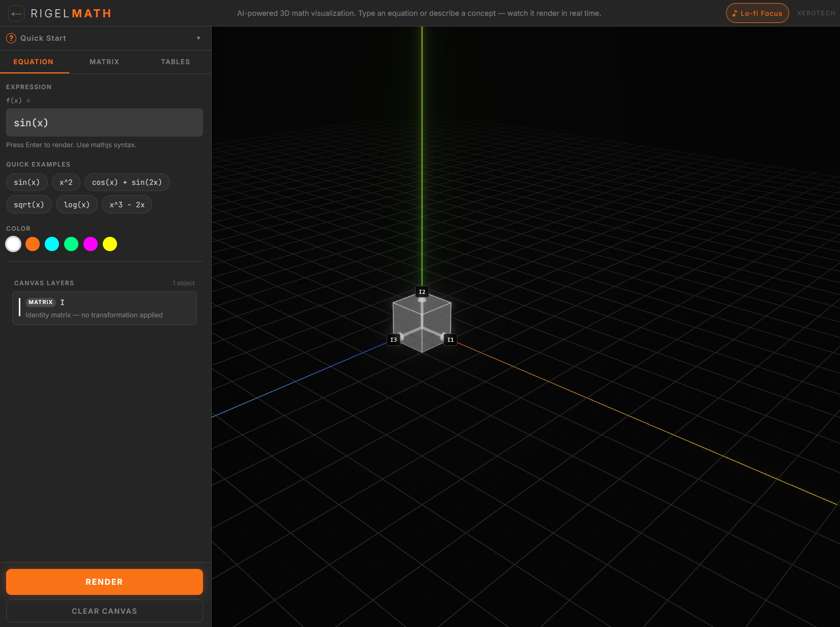 Rigel Math Visualizer interface showing a 3D cube transformation with orange bloom lighting on a dark canvas