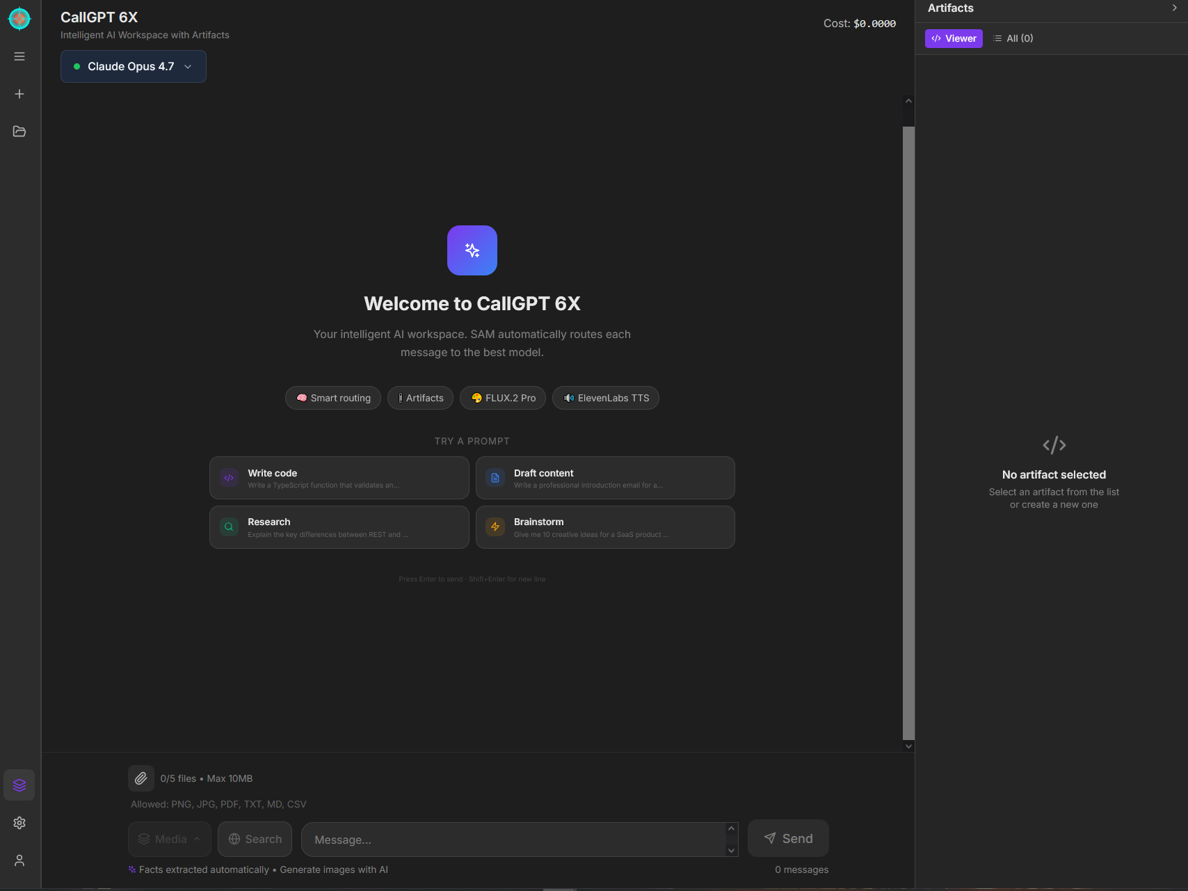 CallGPT 6X workspace: 20+ AI models, smart routing, editable artifacts and live cost tracking