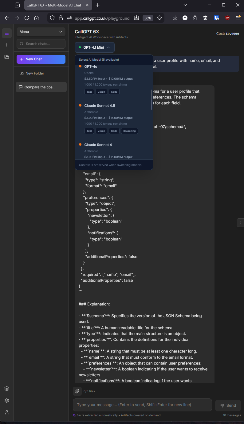 CallGPT 6X model selector with live per-model pricing